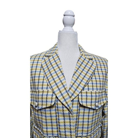 NWT ASOS yellow & blue short plaid cropped blazer with pearl accents size 8 - Picture 6 of 10